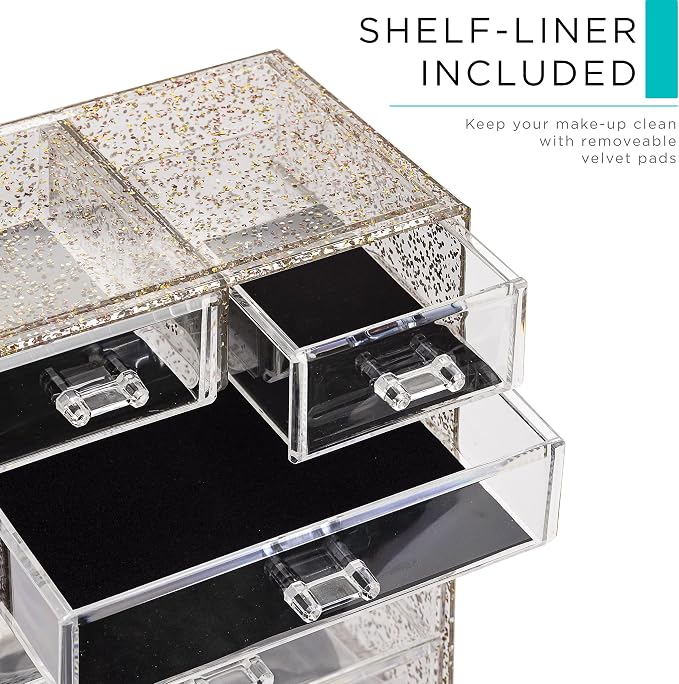Sorbus Acrylic Makeup Organizer Set, 6-Drawer Vanity & Countertop Cosmetic Storage with Small & Wide Compartments, Glitter Makeup Storage for Brushes, Jewelry – Holiday Gift for Women & Teens