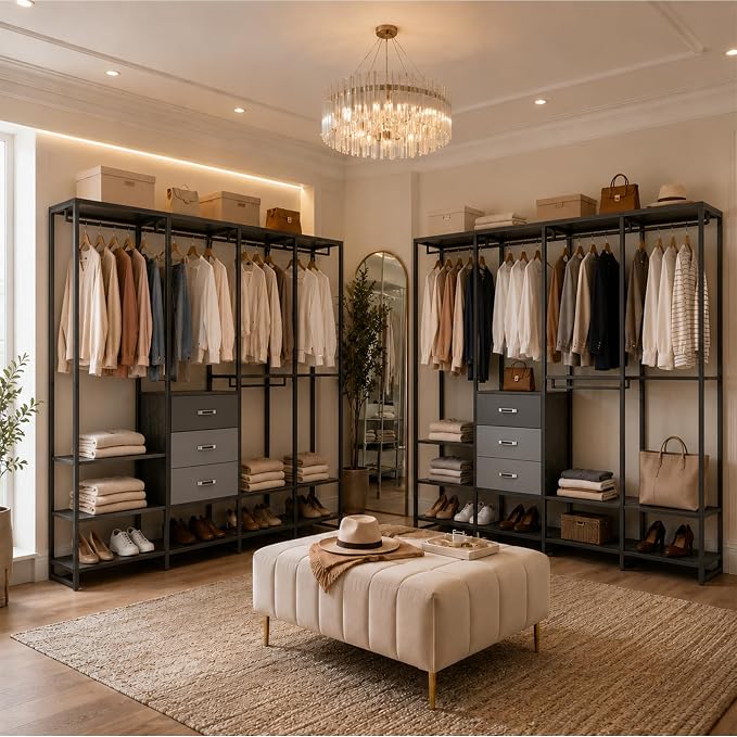 Freestanding Closet Organizer System with 3 Drawers, 6FT Heavy Duty Clothing Rack with Shelves and 6 Hanging Rods, Large Corner L Shaped Garment Rack, Grey Oak