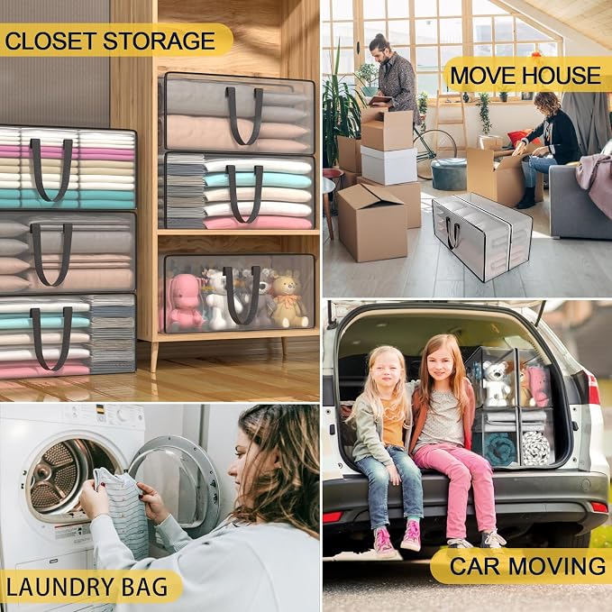 Heavy Duty Extra Large Clear Moving Bags with Strong Zipper Handles | 4 Pack Clothes Storage Bags Totes Space Saving Moving Boxes Bins Packing Bags for College Dorm Compatible with Ikea Frakta