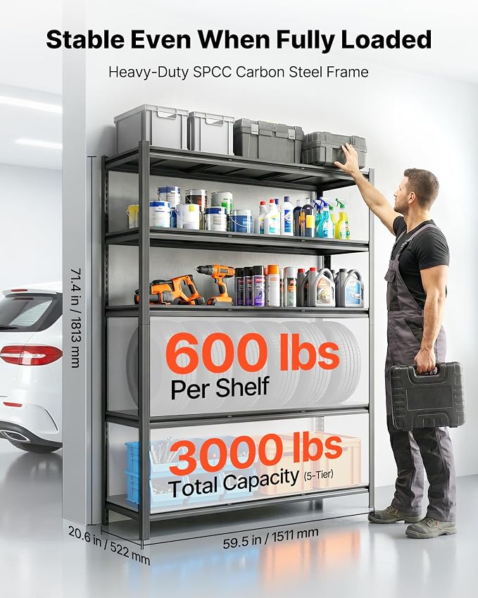 VEVOR Garage Shelving, 5-Tier Adjustable Storage Shelves, 3000 lbs Heavy Duty Garage Shelves, Metal Utility Rack Shelf for Garage Workshop Warehouse Basement, 59.49" W x 20.55" D x 71.38" H