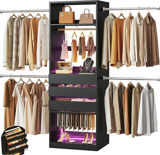 Closet System, 4-8FT Closet Organizer with 3 Wood Drawers & Glass Top, 102'' Walk in Closet with 5 Hang Rods & LED Lights & Trouser Rack, Built-in Wardrobe Clothes Rack with Shelves and Tower, Black