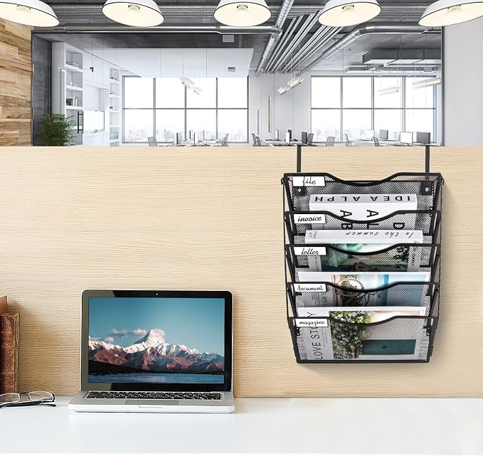 BOHDK Wall File Organizer 5 Pockets, Mail Organizer, Hanging Folder Holder, Foldable | Hanging or Wall Mounted | Label Panel | 2 Hooks | Office Home School Organizer, Black