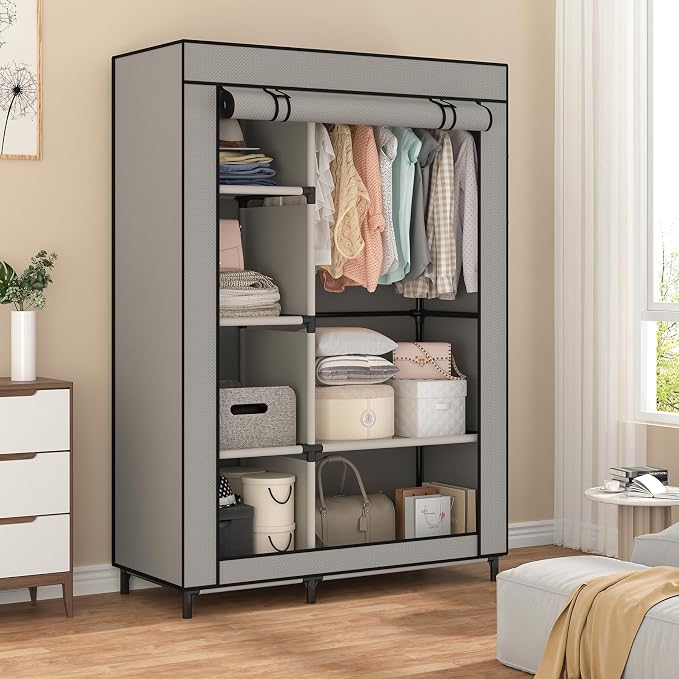 Calmootey Portable Closet Organizer, Space-Saving Storage System for Home | Sturdy Rod for Coats, 6 Shelves for Folded Clothes, 4 Side Pockets for Small Items, Non-Woven Dustproof Cover, Grey