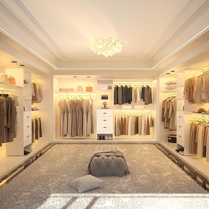 120 Inches Closet System, 10FT Walk In Closet Organizer with 3 Shelving Towers, Heavy Duty Clothes Rack with 3 Drawers, Built-In Garment Rack, 120" L x 16" W x 75" H, Max Load 1300 LBS, White