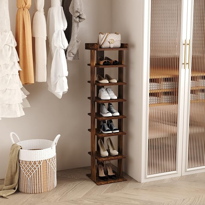 HOMEFORT 7-Tier Wood Shoe Rack, Entryway Shoe Tower,Vertical Shoe Organizer, Wooden Shoe Storage Stand, Rustic Brown