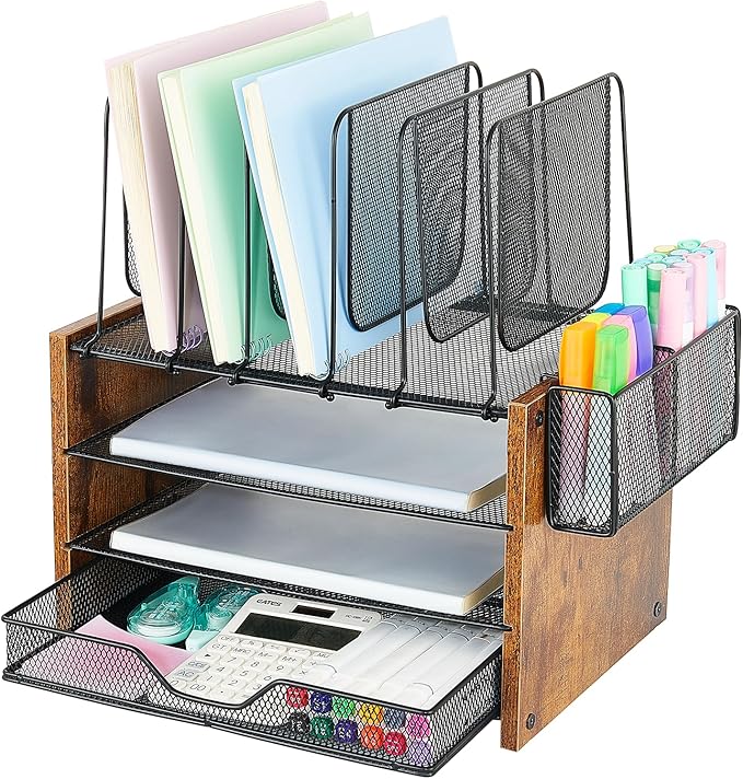 OPNICE Desk Organizer, 4-Tier Desktop File Organizer with Drawer and Pen Holders, Office Desk Accessories, File Sorters, Workspace Organizers for Office Supplies(Brown)