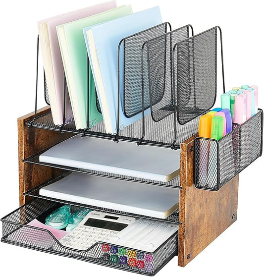 OPNICE Desk Organizer, 4-Tier Desktop File Organizer with Drawer and Pen Holders, Office Desk Accessories, File Sorters, Workspace Organizers for Office Supplies(Brown)