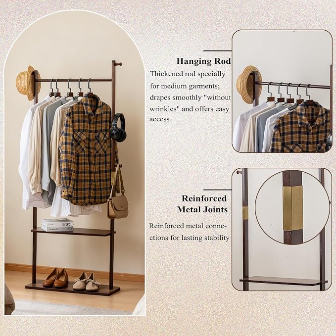 SOBIBO Clothes Rack Solid Wood Coat Rack with Shelves and Hooks – Garment Clothing Rack Coat Rack with Storage for Hallway, Bedroom, Living Room, 15.75 inch, Walnut