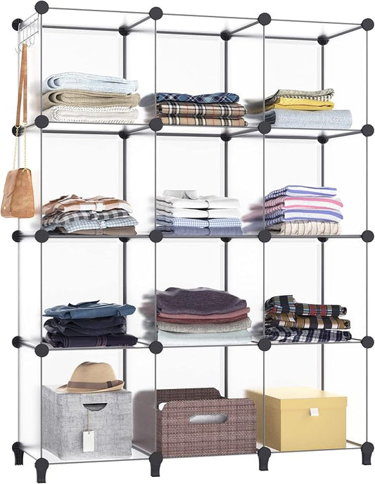Closet Organizers and Storage, 12 Cube Storage Organizer, Transparent | Portable Closet Shelves Closet Organization Clothing Storage for Kids, Closet, Bedroom, Bathroom, Office