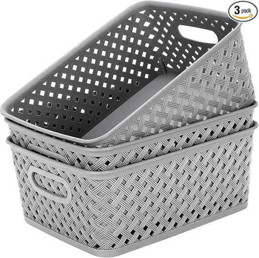 MaxGear 3 Pack Plastic Storage Baskets, Medium, Grey | Durable Woven Plastic with Built-In Handles, Suitable for Shelves, Closets, Cabinets, Bathrooms and Offices