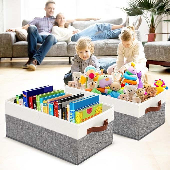 3 Pack Large Capacity Storage Bins Closet Organizer for Shelves | Fabric Closet Storage Baskets Boxes with Leather Handles for Organizing Clothes, Sheets, Jeans, Toys, Books (Grey)