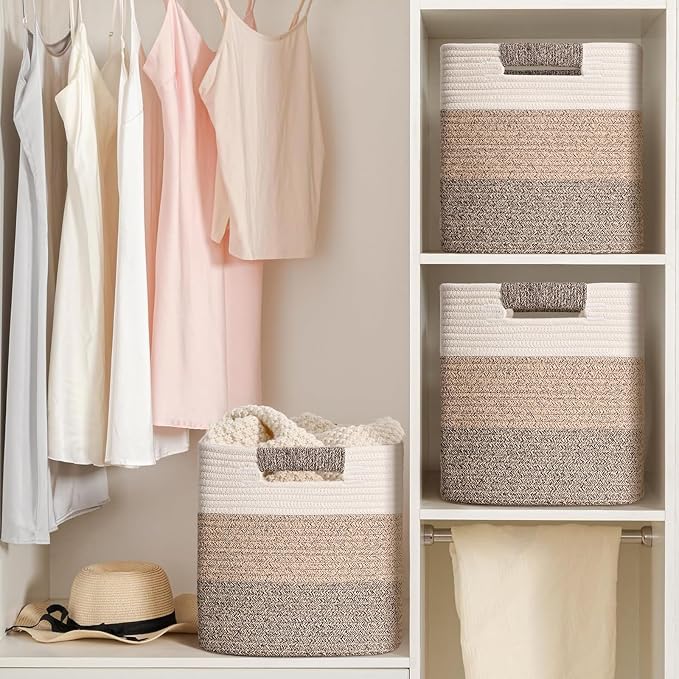 13 Inch Storage Cubes, 3 Pack Cube Storage Bins for Organizing, Cotton Rope Woven Baskets for Shelves, Bathroom, Kids Room, Closets, Baby Nursery