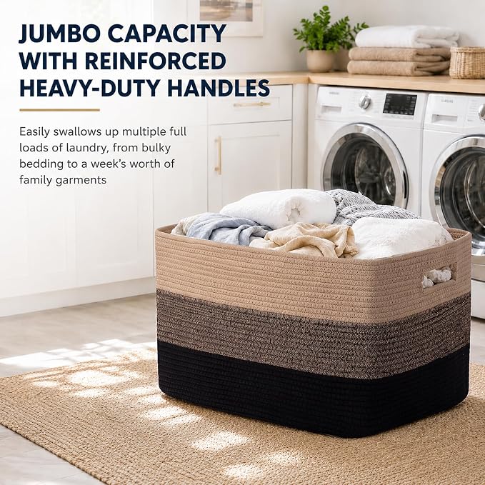 OIAHOMY Large Blanket Basket, 22”x17”x12” Rectangle Woven Baskets, Nursery Blanket Storage Living Room, Toy Storage With Handle, Large Baskets for Organizing-Yellow Black