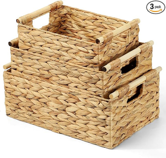 Wicker Storage Baskets for Organizing 3 Pack,Natural Water Hyacinth Ratten Baskets with Wooden Handles, Decorative Handwoven Storage Baskets for Shelves, Bathroom, Pantry or Kitchen