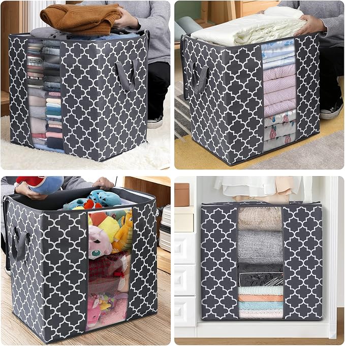 WISELIFE Storage Bags 6 Pack/100L Large Blanket Clothes Organization and Storage Containers for Comforters,Bedding, Foldable Organizer with Reinforced Handle, Clear Window, Sturdy Zippers,Gray