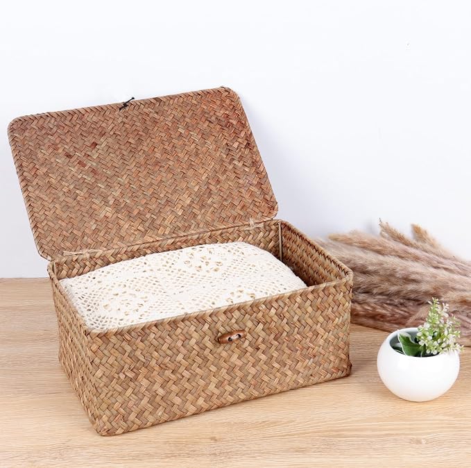 FEIALNDUO Wicker Shelf Baskets with Lid,Seagrass Storage Basket Bins Rectangular Handwoven Basket Boxes for Shelves Desktop Home Organizer (Coffee, Medium)