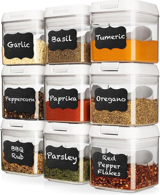 Shazo 9 PC Airtight Food Storage Containers - BPA Free Clear Plastic Snack & Spice Containers with Easy Lock Lids - Kitchen and Pantry Organization for Herbs, Coffee, Tea - 0.5L / 2.1 Cups