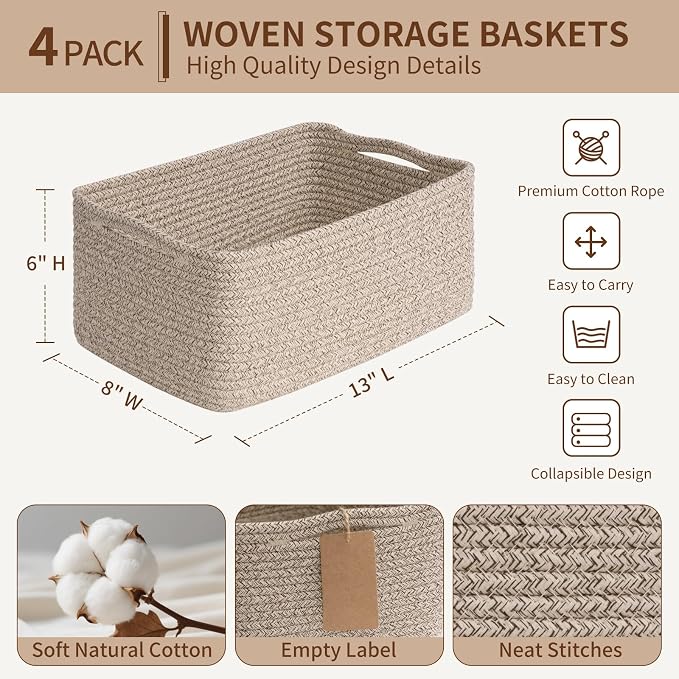 Goodpick 4 Pack Woven Rope Storage Baskets for Shelves, Brown | 13" x 8" x 6", Rectangle Design, Reinforced Handles, Shelf & Closet Organization, Baby Toys, Books, Gifts & Nursery Storage