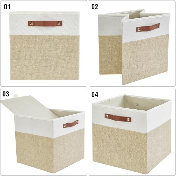 Bagnizer Collapsible Fabric Storage Cube Bins with 2 Reinforced PU Handles, Foldable Storage Organizer Baskets for Closet, Shelves, Living Room | 13"x13"x13", 4 Pack, Beige & White