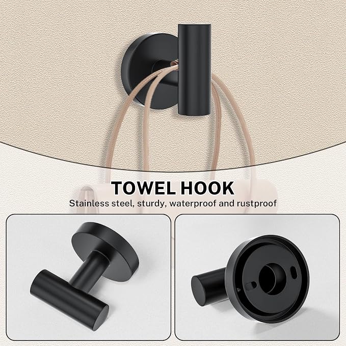 6 Pieces Towel Bar Set Matte Black Bathroom Hardware Set Includes 23.6 Inch Towel Bar,Stainless Steel Wall-Mounted Bathroom Accessory Set