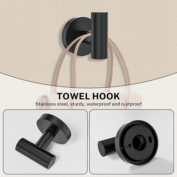 Matte Black Towel Bar Set 5-Piece Bathroom Hardware Accessories Set Includes 23.6in Towel Bar-Round Towel Ring-Toilet Paper Holder-Towel Hooks Stainless Steel Wall Mount Bathroom Towel Holder Set