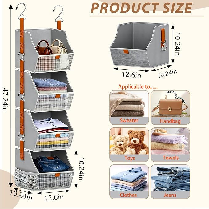 Fabric Hanging Closet Clothes Organizers and Storage Detachable 4 Tier | Hanging Clothes Organizers for Bedroom,Dorm,RV,,Camper,See Through Front Panel,Space-Saving,Can Be Separated Individually