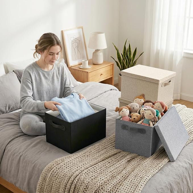 Fabric Storage Bins with Lids, Heavy Duty Collapsible Organizer Bins for Shelves, Stackable Closet Woven Baskets with Handles, 25L Rectangle Boxes for Bedroom Office, Cube Home Decor (Black 2 Pack)