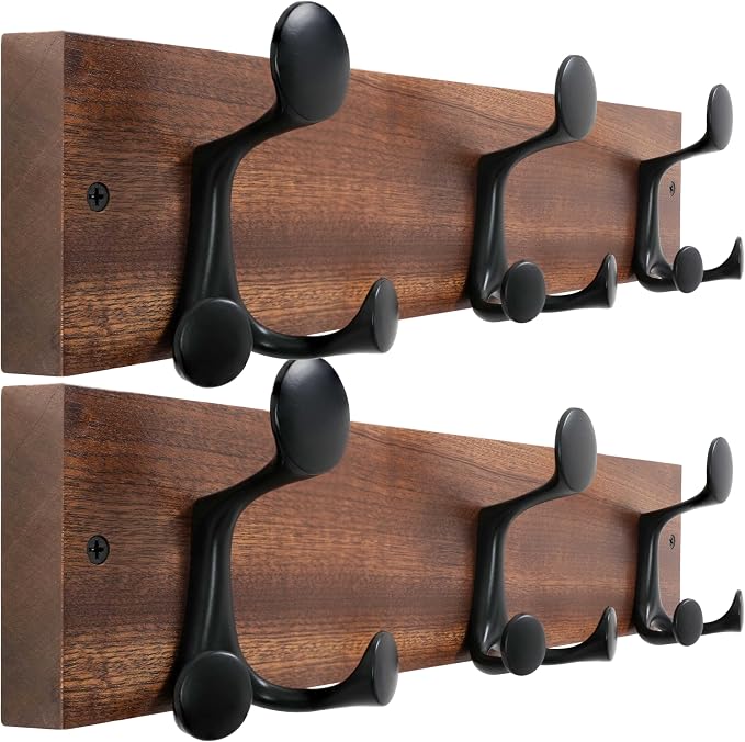 WEBI Coat Rack Wall Mount,17" Solid Wood Coat Hooks Wall Mounted Coat Hanger,16" Hole to Hole,Heavy Duty 3 Triple Hooks for Hanging Coats,Jacket,Hat,Backpack,Farmhouse,Reddish Brown,2 Packs