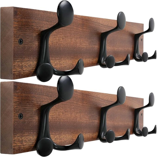WEBI Coat Rack Wall Mount,17" Solid Wood Coat Hooks Wall Mounted Coat Hanger,16" Hole to Hole,Heavy Duty 3 Triple Hooks for Hanging Coats,Jacket,Hat,Backpack,Farmhouse,Reddish Brown,2 Packs