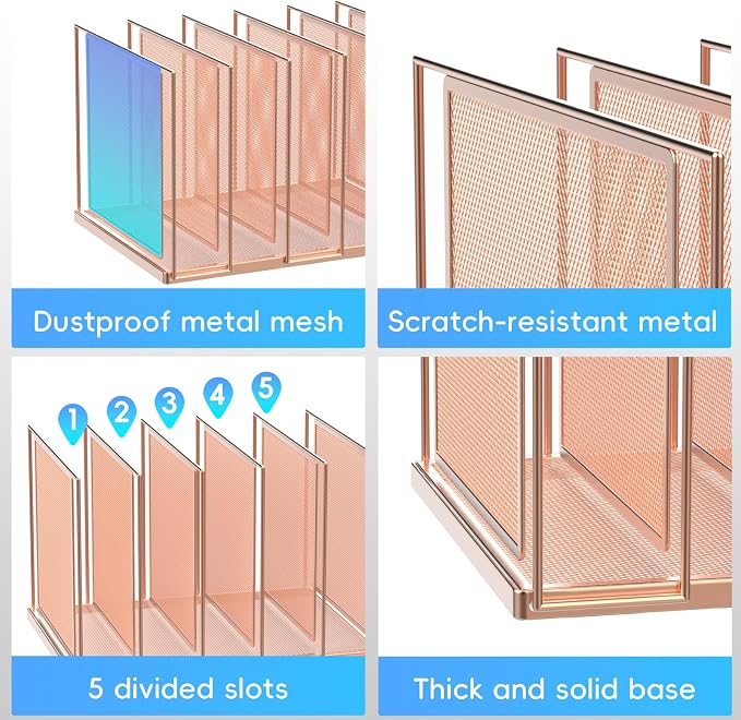 File Organizer for Desk, 5-Section Vertical File Sorter, Paper Holder Organizer Standing Metal File Folder for Office Home Classroom, Rose Gold