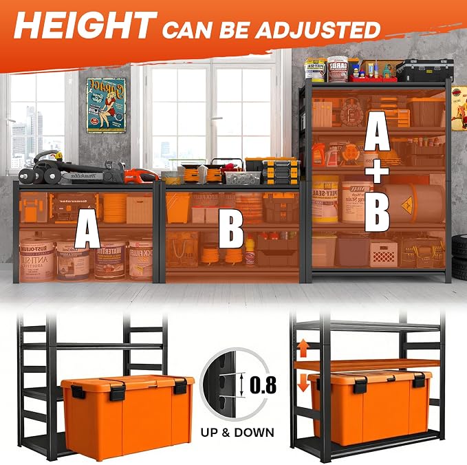 5Tier Storage Shelves Heavy Duty Adjustable Metal Garage Shelving Unit Rack Metal Storage Shelf Heavy Duty Shelf for Heavy Tools and Equipment, Ideal for Garage, Basement, Black