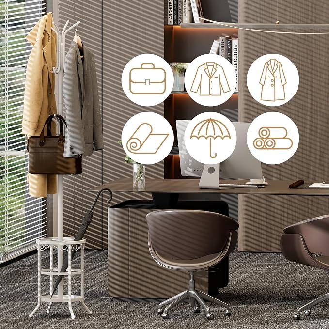 Coat Rack Freestanding with Umbrella Holder – Metal Hanger Stand, Hall Tree with 12 Hooks, Entryway Organizer for Hats, Bags, and Clothes (White)