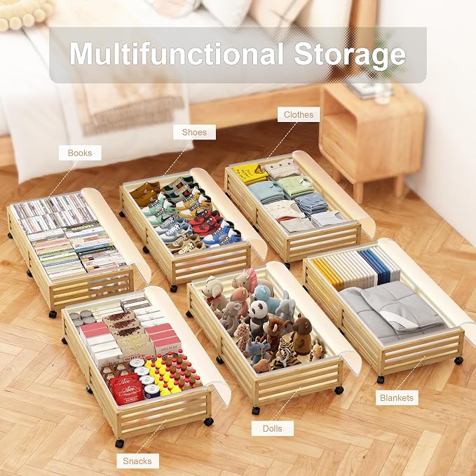 Under Bed Storage with Wheels, 2 Pack Bamboo Drawers for Shoes and Clothes | Fitted dustproof bags, stackable design, smooth pullout access for bedding, blankets, toys and seasonal essentials