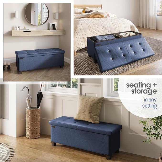 Storage Ottoman Bench with Bins, 43-in Storage Bench for Bedroom End of Bed, Folding Foot Rest Ottoman for Living Room Max 660lbs, Leather Ottomans, Blue