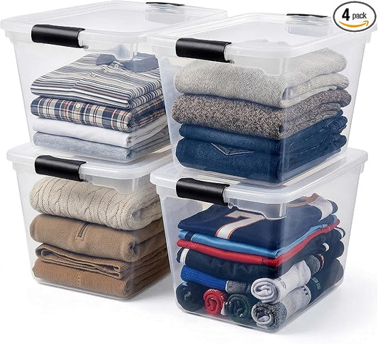 HOMZ 31 Quart Secure Seal Latch Clear Plastic Bin | Stackable & Nestable | Easy Grip Latching Handles | Home, Office, Dorm Room Organization | Grey Handles, 4 Pack | Stackable Container Set for Home, Office Shelves, Kitchen, Garage, and Bathroom Organi...