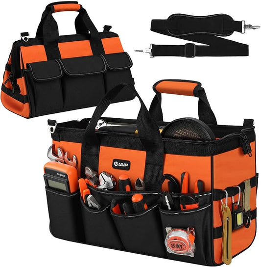 UUP 18" Large Tool Bag, Heavy Duty Spacious Tool Box Organizer, Orange | 16 Pockets & MOLLE. Detachable Strap & Handle. Non-slip Base, Metal Buckle. 30lb Holds Drill/Tool on Truck, Garage, Men Gift.