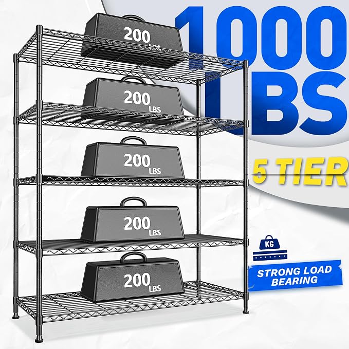 DurayLoly 2 Set of 45 W Storage Shelves 5 Tier Wire Shelving Unit Adjustable Metal Shelving Wire Shelf Pantry Shelves Wire Commercial Rack for Closet Kitchen Pantry Garage 45" Wx 13.5" Dx70.5 H Black