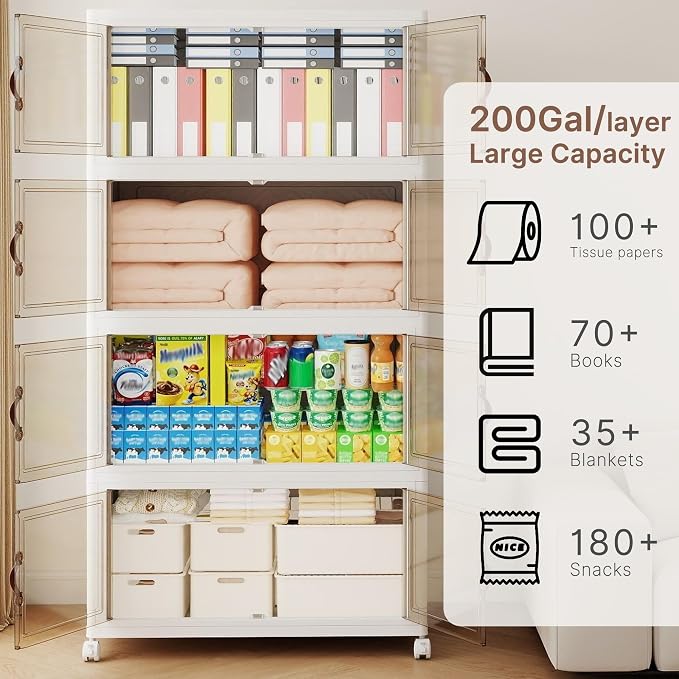 936QT Extra Large Stackable Storage Bins with Lids & Wheels | & Door,Total 234Gal for 4-Tier set Foldable Collapsible Closet Organizers, Plastic containers drawers for bedroom Dorm