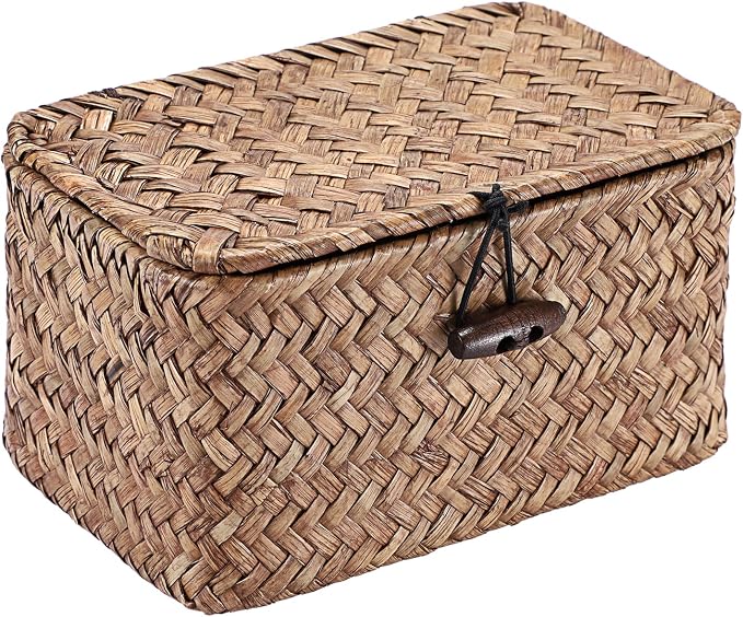 Hipiwe Small Wicker Basket with Lid Woven Seagrass Organizer, 6.1"x 4"x3.3" | Tabletop Desk Basket Holder Key Box for Entryway, Handmade Baskets Storage Bin for Hair Ties Candy