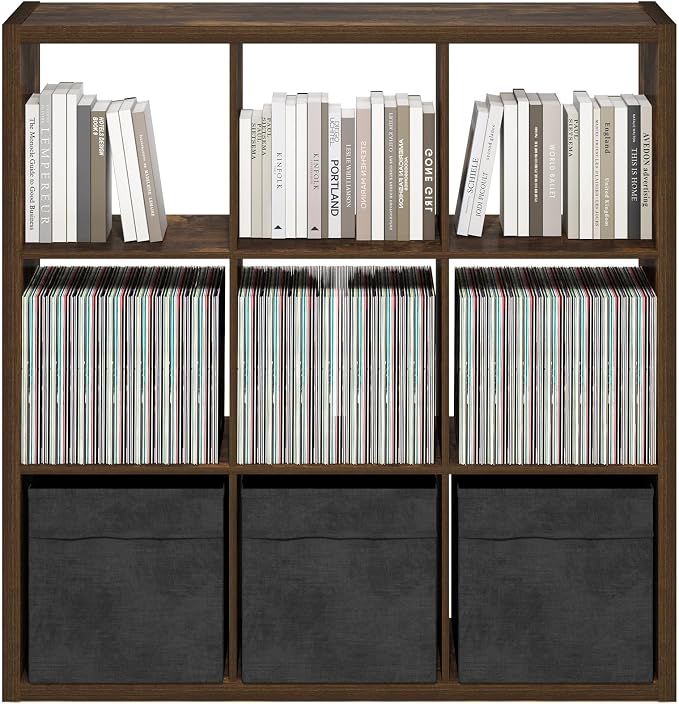 Furinno Cubicle 9-Cube Book Shelf, Extra Thick Frame Bookshelf, Amber Pine | 14.6" x 44" x 44", Reversible Bookcase with Open Back, for Living Room, Bedroom, Home Office