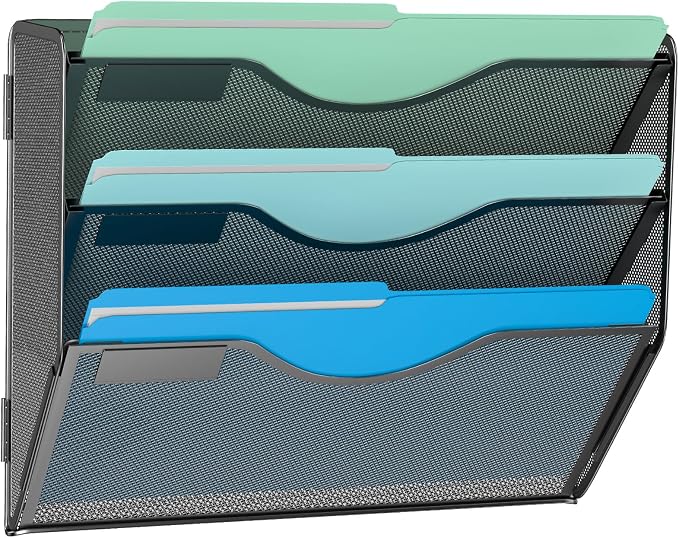 Gawerk 3 Tier Hanging Wall File Organizer, Mesh Mail Paper Orgnization Hanging File Folder Holder for Home Office, Black