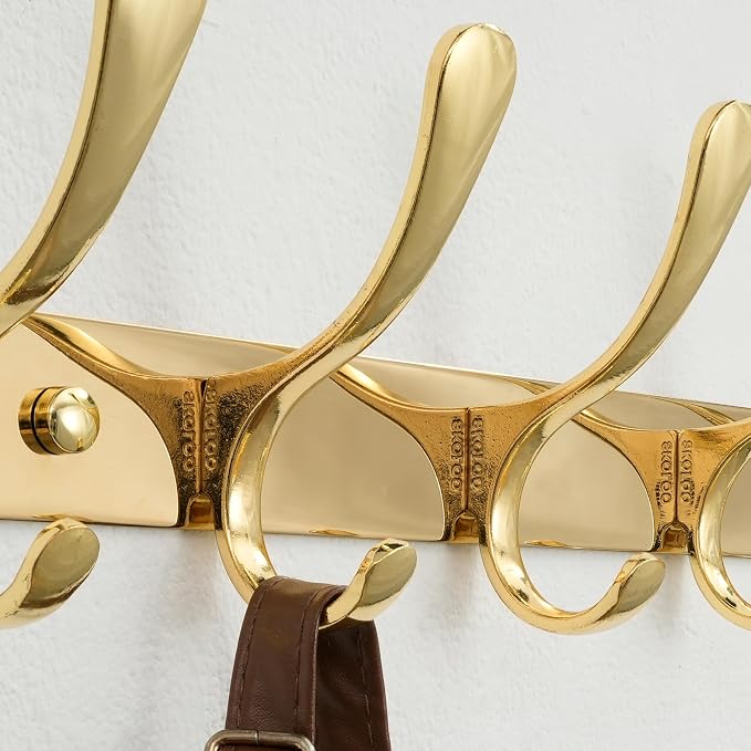 SKOLOO Wall Mounted Coat Rack - 10 Hooks, Heavy Duty, Stainless Steel, Metal Wall Hangers, Sturdy Coat Hooks for Hanging Coats, Jacket, Clothes, Hat, Bright Gold