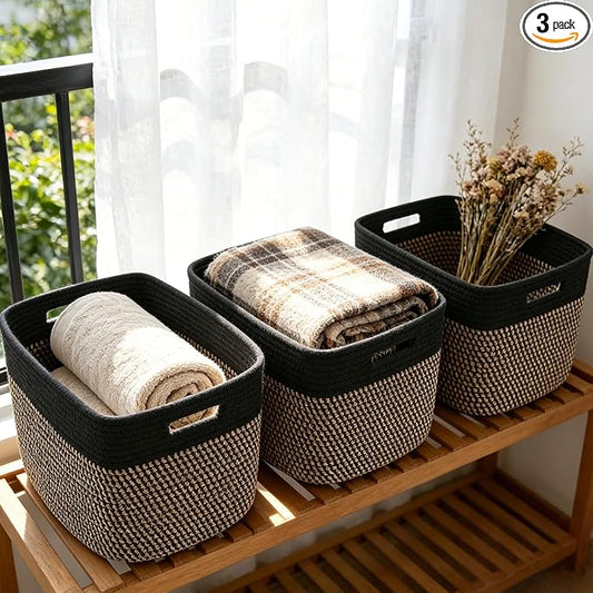 3 Pack Woven Baskets,Storage Baskets for Shelves with Handles | 13.5"×11"×9.5", Closet Baskets, Nursery Organizer for Toys Towels Books, Storage Bin for Living Room Bedroom (Black & Jute)