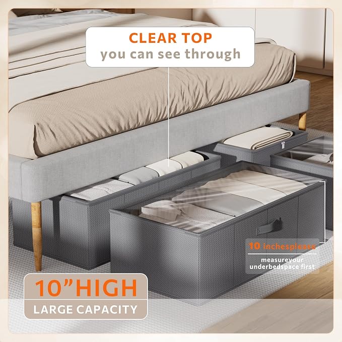 10inch 3 Pack Under Bed Storage Containers, 10 Inch Tall Underbed Clothes Storage Organizer Bin with Clear Window，Foldable Box Basket for Clothes, Closet, Bed Sheets and Blankets Gray