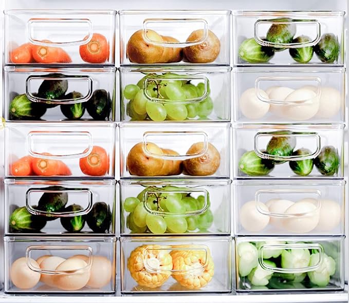 Kingrol 6 Pack Plastic Storage Bins for Pantry, Refrigerator, Countertop, Cabinet Organization, Stackable Food Storage Organizer with Handles, BPA Free, 10 x 6 x 3 Inch