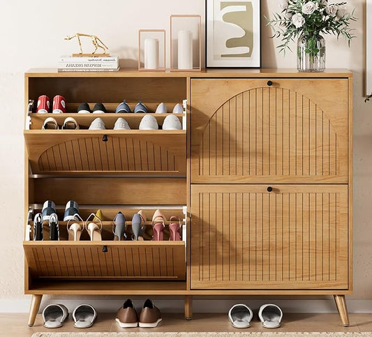 Fsbecl Shoe Storage Cabinet for Entryway with 4 Fluted Flip Drawers, Oak | Narrow Design, Freestanding Shoe Rack with Adjustment Shelves, Wooden Hidden Organizer for Hallway Foyer, 16-24 Pairs