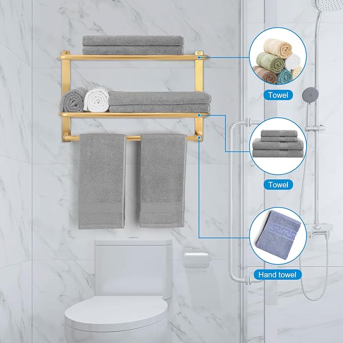 3-Tier Bathroom Towel Rack, SUS 304 Wall Mount, Brushed Gold
