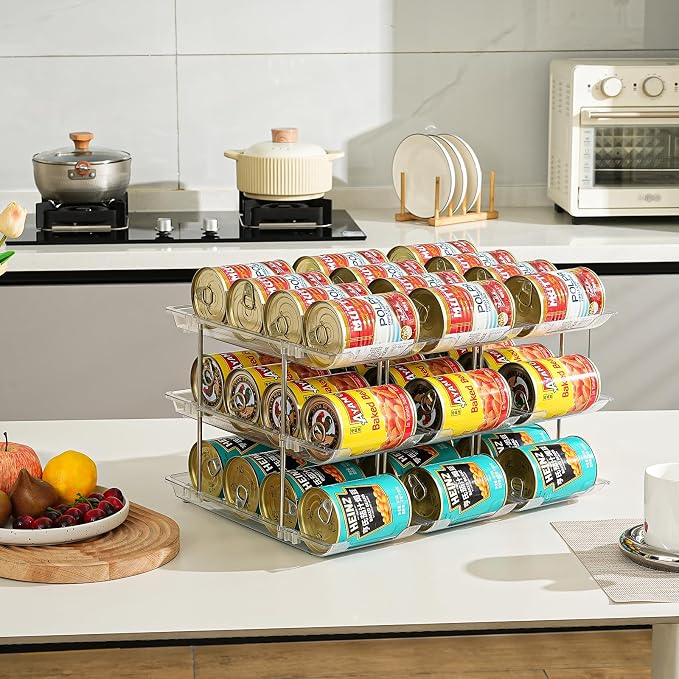 Can Organizer for Pantry, Stacking Can Storage Organizer Hold 36 Cans | Automatic Rolling Can Rack for Fridge, 3Tire 3 Columns Can Holder, Canned Goods Organizer