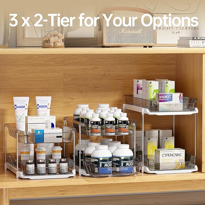 Delamu 2 Pack 3-Tier Bathroom Under Sink Organizers and Storage, Multi-Purpose Stackable Pantry Organization and Storage, Pull Out Clear Kitchen Bathroom Cabinet Organizer with Movable Dividers, Grey