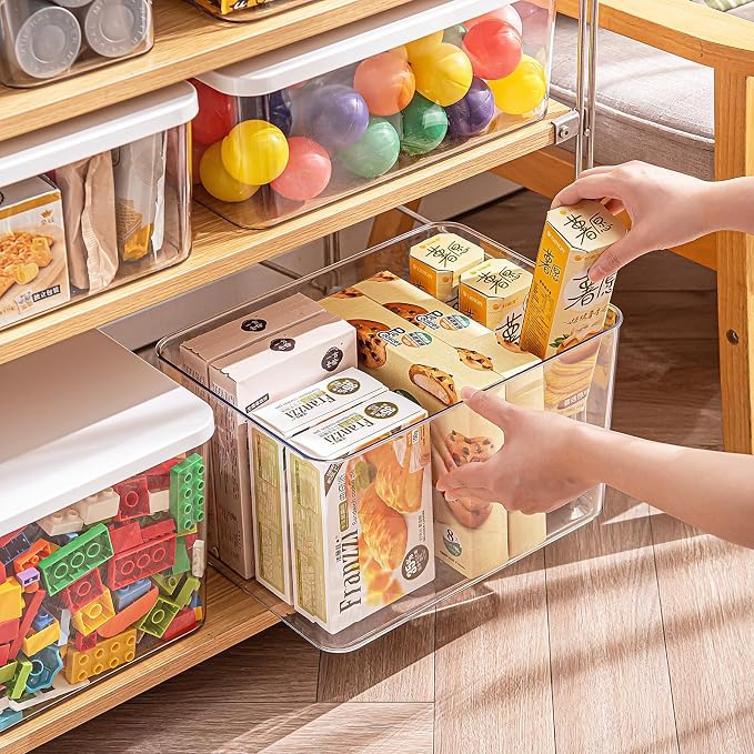 Clear plastic storage bins with LIDS,storage containers for snacks, cosmetics, books, dog food, Storage Organizer for Nursery，Kitchen, Living room,Bedroom, Bathroom, Office (Clear-White Lid, 3XL)
